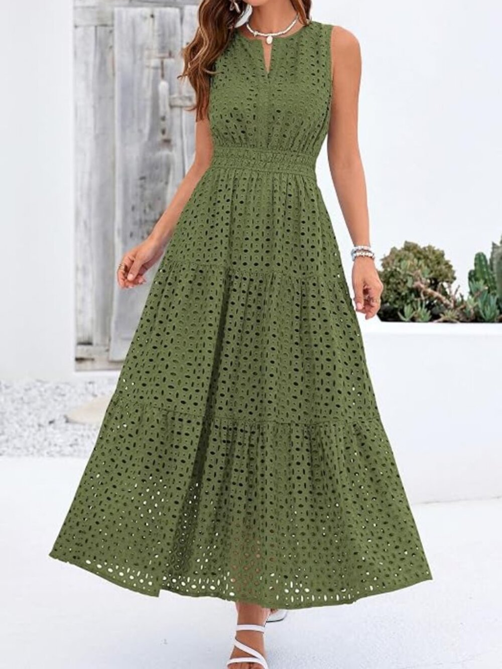 Womens 2026 Summer Maxi Dresses Sleeveless Sundresses V Neck Eyelet A Line Long